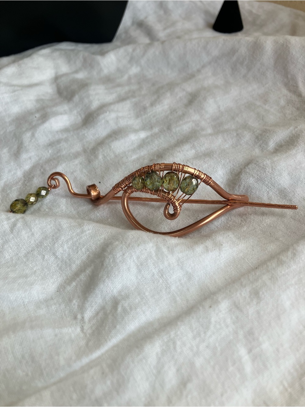 Handcrafted Copper Leaf Hair Pin with Green Bead Accents